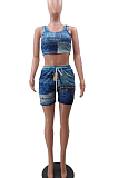 Dark Blue Summer Fashion Printing Tank Shorts Sports Sets TK6190-1