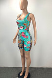 Cyan Women Trendy Printing Bodycon Sleeveless Romper Shorts ML7448-1