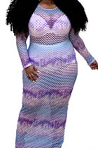 Purple Round Neck Mesh Spaghetti Long Sleeve Plus Long Dress YF1594-1