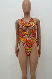 Orange Women Printing Stripe Sexy Bikini One Piece Swimsuits AMW8321-2
