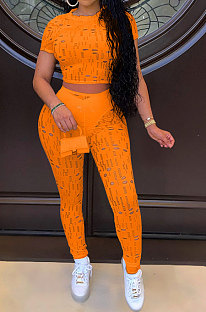 Orange Women Short Sleeve Knitting Hole Pants Sets YF9173-4
