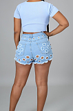 Light Blue Casual Wash Water Hole Sexy Jeans Shorts LA3284-2