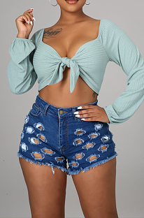 Jeans Blue Casual Wash Water Hole Sexy Jeans Shorts LA3284-1