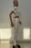 White Women Pure Color Casual Cute Agaric Edge Pants Sets AMW8325-1