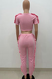 Pink Women Pure Color Casual Cute Agaric Edge Pants Sets AMW8325-2