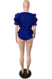 Royal Blue Summer Maiden Wind Flounce Hem Spliced Short Sleeve Tops QY5073-3