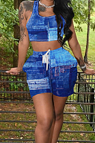 Blue Summer Fashion Printing Tank Shorts Sports Sets TK6190-2