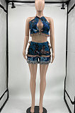 Peacock Blue Printing Tassel Vest Sleeveless Sexy Navel Exposure Tops Shorts Sets MLM9073-2