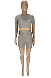 Grey Fashion Pit Bar Round Neck Short Sleeve Shorts Two Piece WJ5225-1