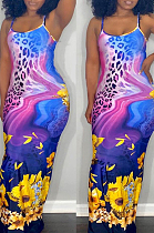 Purple Leopard Print Sunflower Cotton Sexy Sling Long Dress H1673