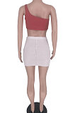 Russet-Red Contrast Color Spliced Trendy Sexy Skirts Sets GB6001-1
