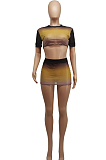Gradient Yellow Sexy Net Yran Perspective Mini Skirts Sets SDE25121-1
