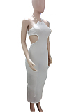 White Sexy Net Yarn Perspective Halter Neck Backless Long Dress SDE26125-1