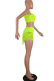 Fluorescent Green Fashion Sexy Tassel Slimsuits Two Piece KK8271