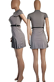 Grey Fashion Grakient Short Sleeve Pleated Dress SDE25122-2