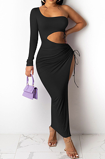 Black Elegant Sexy Ruffle Drawsting Long Dress OMM1220-1