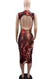 Red Women Hollow Out Backless Round Neck Printing Midi Dress GB8026-1