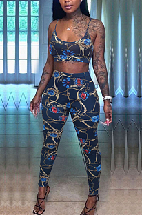 Navy Blue Fashion Printing Sling Boob Tube Top Long Pants Two Piece NYZ6025-2