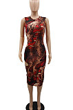 Red Women Hollow Out Backless Round Neck Printing Midi Dress GB8026-1