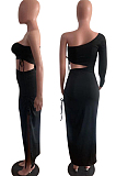 Black Elegant Sexy Ruffle Drawsting Long Dress OMM1220-1