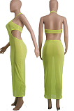 Neon Green Sexy Net Yarn Perspective Halter Neck Backless Long Dress SDE26125-3