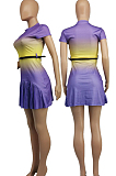 Purple Fashion Grakient Short Sleeve Pleated Dress SDE25122-3