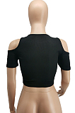 Black Off Shoulder Pure Color Casual Sports T Shirts SDE26123-1