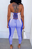 Blue Sexy Polyester Sleeveless Self Belted Backless Tube Jumpsuit BN9290-3