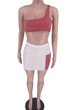 Russet-Red Contrast Color Spliced Trendy Sexy Skirts Sets GB6001-1