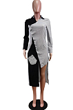 Black Fashion Spliced Shirt Long Dress Wish Pocket WY6818-2