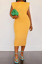 Yellow Women Sleeveless Shoulder Pads Pure Color Midi Dress LW8870-3