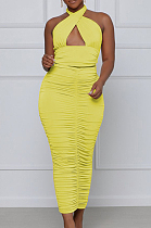 Yellow Fashion Sexy Tops Hollow Out Strapless Fold Skirts Sets WY6819-3