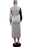 Navy Blue Fashion Spliced Shirt Long Dress Wish Pocket WY6818-3