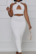 White Fashion Sexy Tops Hollow Out Strapless Fold Skirts Sets WY6819-1