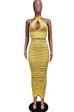 Yellow Fashion Sexy Tops Hollow Out Strapless Fold Skirts Sets WY6819-3