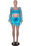 Light Blue Strapless Puff Sleeve Ruffle Lace Fashion Sexy Two Piece SZS8073-1