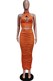Orange Red Fashion Sexy Tops Hollow Out Strapless Fold Skirts Sets WY6819-5