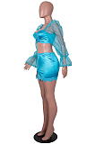 Light Blue Strapless Puff Sleeve Ruffle Lace Fashion Sexy Two Piece SZS8073-1