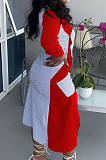 Red Fashion Spliced Shirt Long Dress Wish Pocket WY6818-1