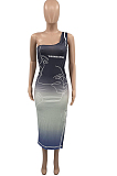 Gradient Summer Fashion Oblique Shoulder Gradient Print Dress YC8036