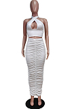 White Fashion Sexy Tops Hollow Out Strapless Fold Skirts Sets WY6819-1