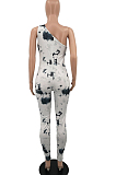 White Summer Hypotenuse Ink Painting Printing Bobycon Jumpsuits YC8025-2