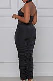Black Fashion Sexy Tops Hollow Out Strapless Fold Skirts Sets WY6819-2