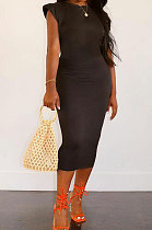Black Women Sleeveless Shoulder Pads Pure Color Midi Dress LW8870-1