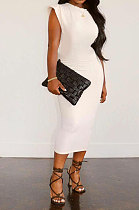 White Women Sleeveless Shoulder Pads Pure Color Midi Dress LW8870-2