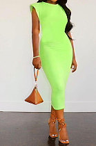 Neon Green Women Sleeveless Shoulder Pads Pure Color Midi Dress LW8870-4
