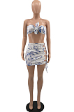 Light Blue Summer Printing Bind Strapless Skirts Sets YC8026