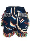 Blue Women Fashion Tassel One Shoulder Tops Shorts Sets XXR2160