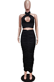 Black Fashion Sexy Tops Hollow Out Strapless Fold Skirts Sets WY6819-2