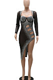 Black Mid Waist Hot Drilling Pure Color Sexy Polyester Mesh Long Sleeve Mini Dress YF9104-1